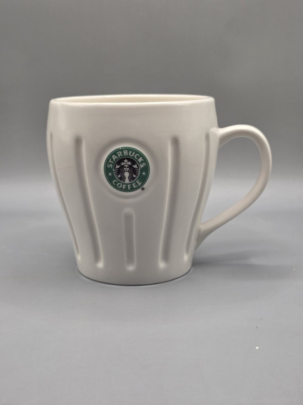Starbucks 2003 Barista White Ribbed Coffee Mug Cup Embossed Siren Mermaid Logo